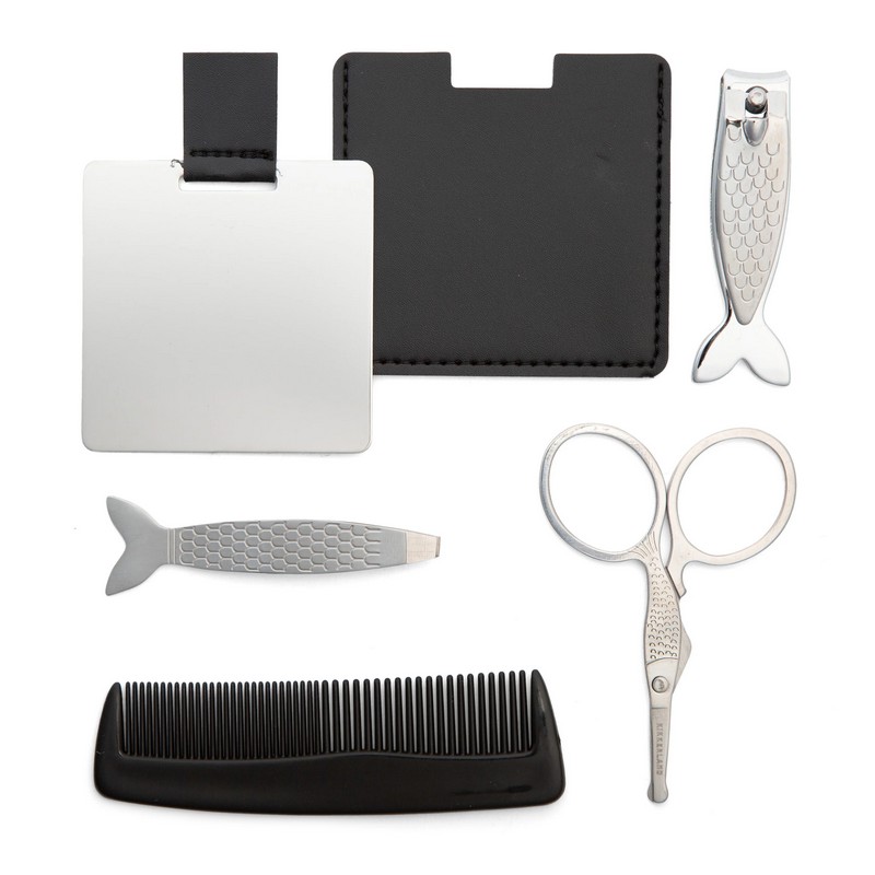 Set per manicure e cura personale con specchio, pettine, forbici, tagliaunghie e pinzette a tema pesce contenuti in un cofanetto di latta