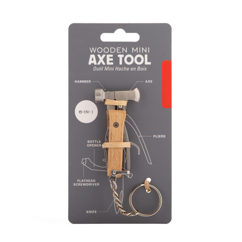 Portachiavi multiattrezzi in legno e acciaio inossidabile con mini ascia, mini martello, apribottiglie, cacciavite a testa piatta, pinze e coltello