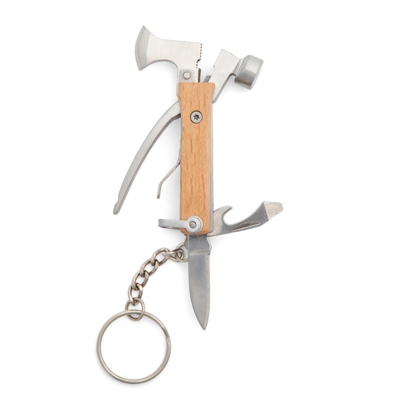 Portachiavi multiattrezzi in legno e acciaio inossidabile con mini ascia, mini martello, apribottiglie, cacciavite a testa piatta, pinze e coltello