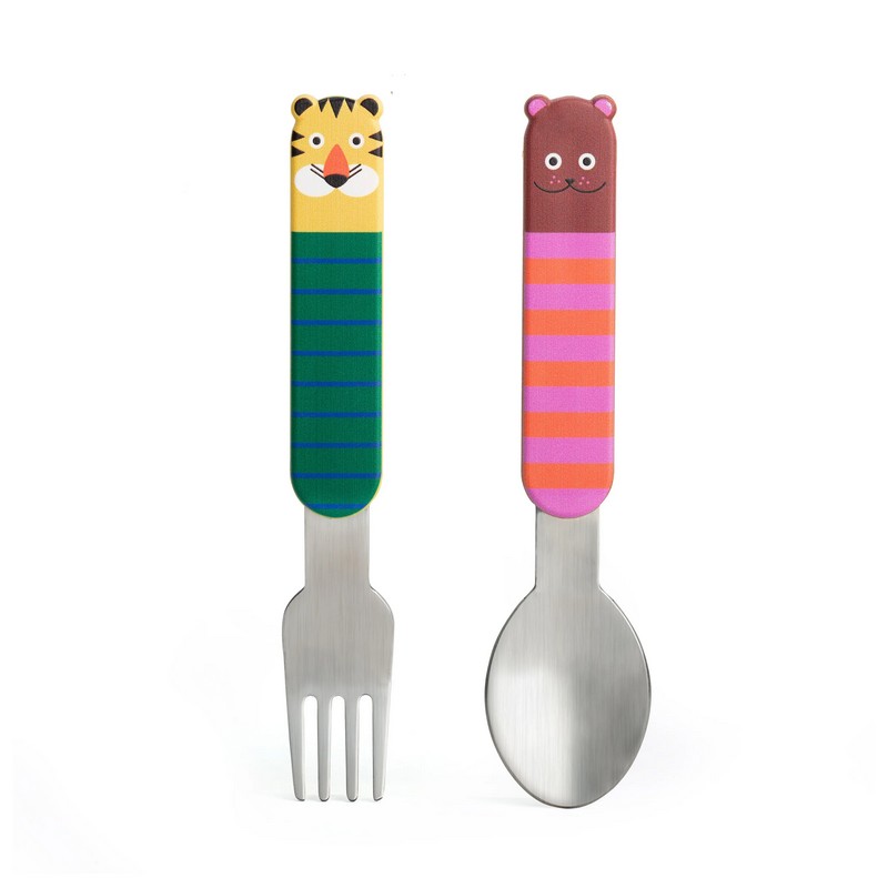Set 2 posate tigre e orso (forchetta e cucchiaio) per bambini in acciaio inossidabile
