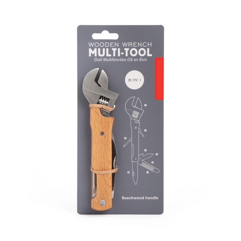 Chiave inglese regolabile multiattrezzi in acciaio inossidabile e legno con, cacciavite a testa piatta, apribottiglie, alesatore, sega, lima, coltello e cacciavite a croce