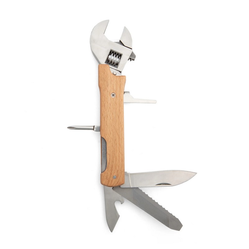 Chiave inglese regolabile multiattrezzi in acciaio inossidabile e legno con, cacciavite a testa piatta, apribottiglie, alesatore, sega, lima, coltello e cacciavite a croce