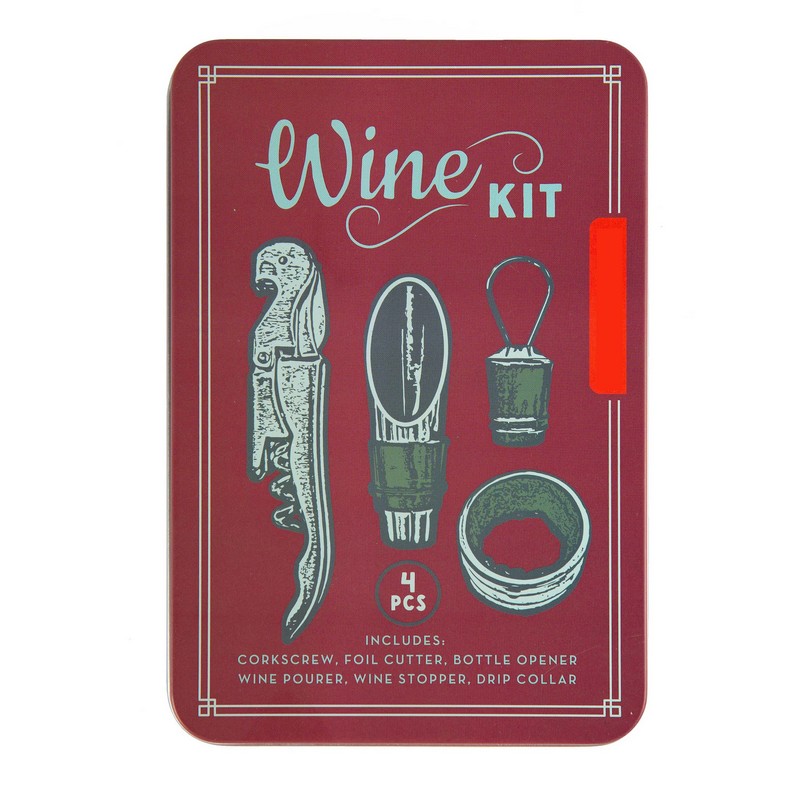 Set 4 accessori da vino in scatola di latta contenente cavatappi, versatore, tappo e salvagoccia