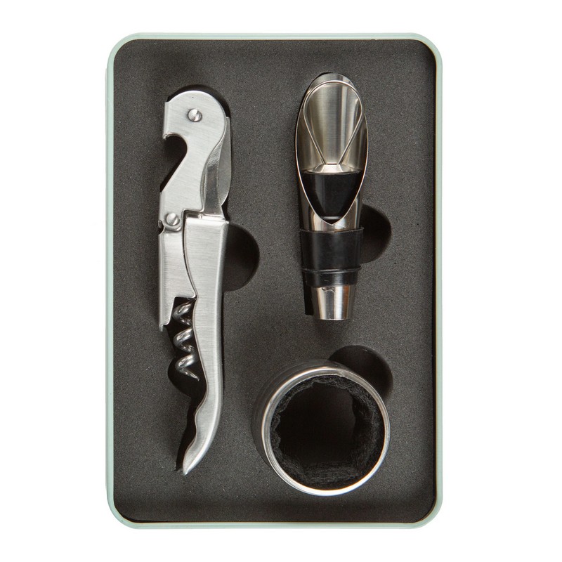 Set 4 accessori da vino in scatola di latta contenente cavatappi, versatore, tappo e salvagoccia