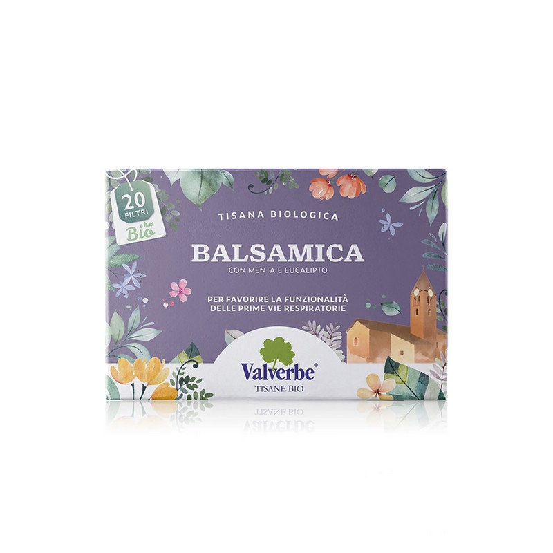 Tisana biologica balsamica con menta ed eucalipto per favorire le funzionalità delle prime vie respiratorie, contiene 20 filtri