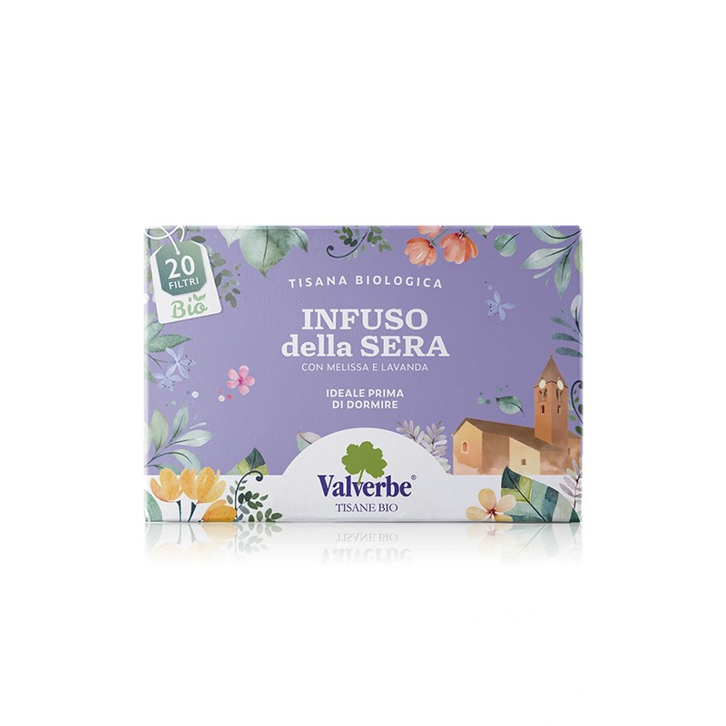 Tisana biologica infuso della sera con melissa e lavanda, ideale prima di dormire, contiene 20 filtri