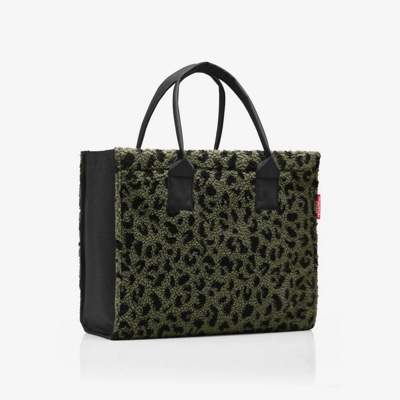 Borsa shopper leopardata verde in tessuto bouclé adatta a spesa, viaggi, escursioni e spiaggia, con chiusura a zip