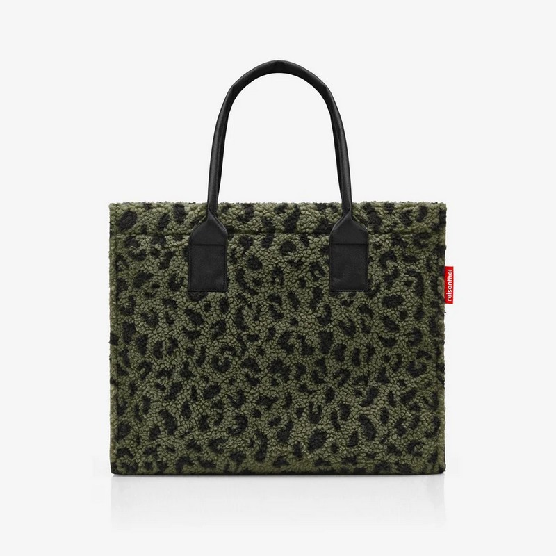 Borsa shopper leopardata verde in tessuto bouclé adatta a spesa, viaggi, escursioni e spiaggia, con chiusura a zip