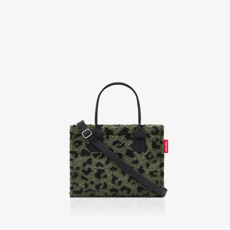 Borsa shopper XS leopardata verde in tessuto bouclé