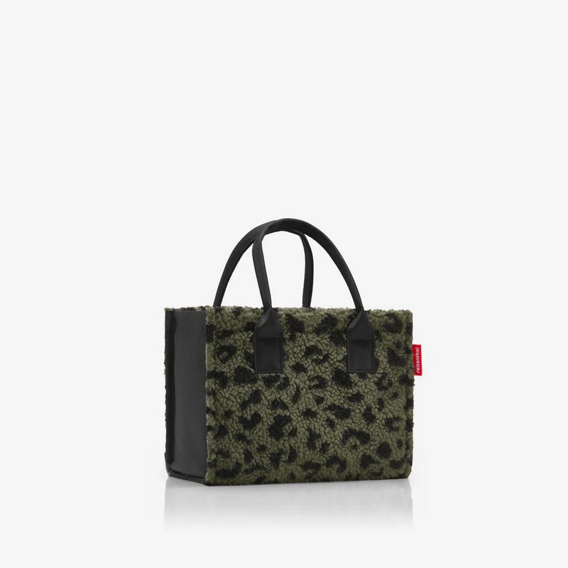 Borsa shopper XS leopardata verde in tessuto bouclé