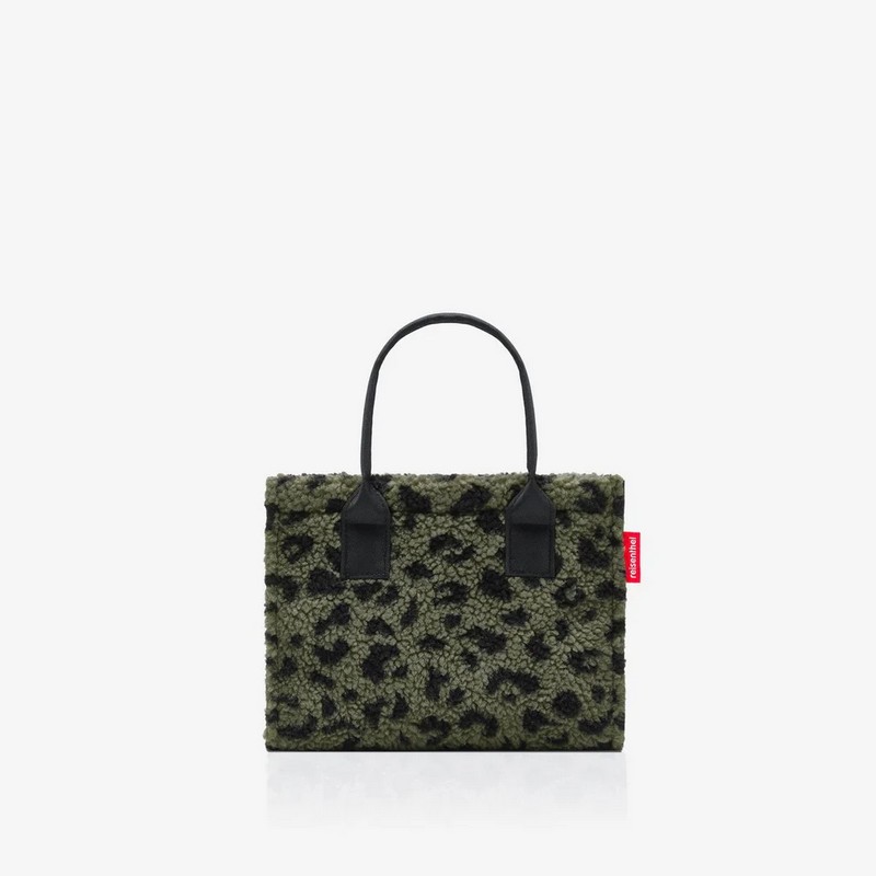 Borsa shopper XS leopardata verde in tessuto bouclé