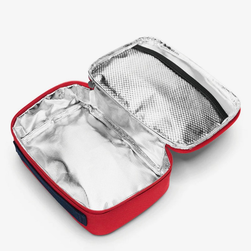 Borsa termica rossa da 1.5 litri con chiusura zip, manico e tasca interna, ideale per mantenere la temperatura di cibo, farmaci e cosmetici
