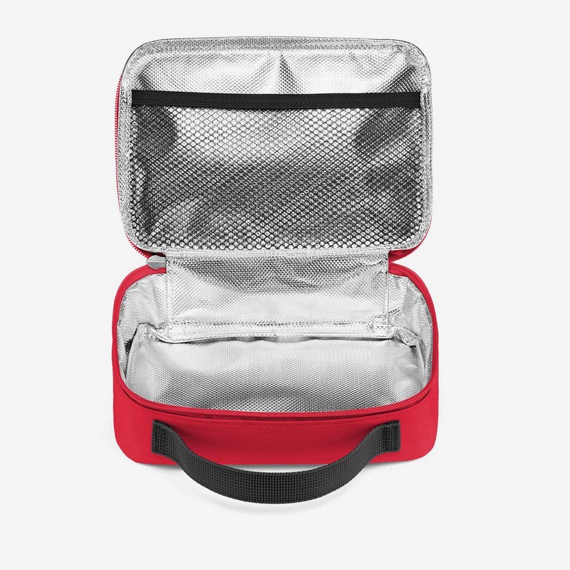 Borsa termica rossa da 1.5 litri con chiusura zip, manico e tasca interna, ideale per mantenere la temperatura di cibo, farmaci e cosmetici