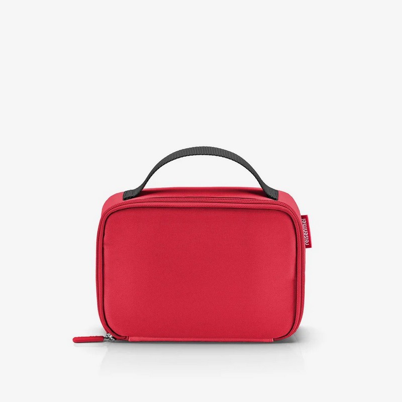 Borsa termica rossa da 1.5 litri con chiusura zip, manico e tasca interna, ideale per mantenere la temperatura di cibo, farmaci e cosmetici