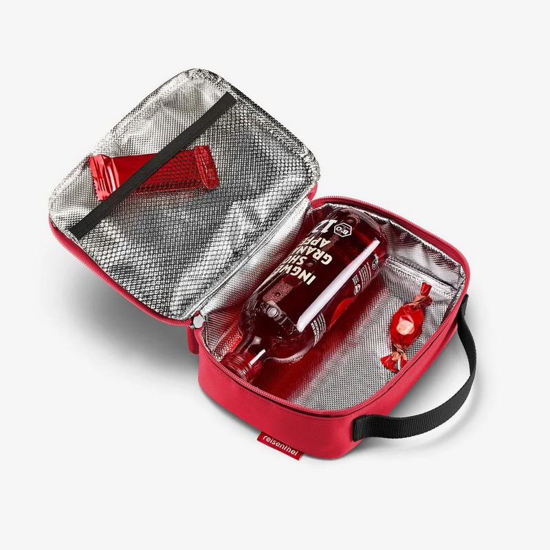 Borsa termica rossa da 1.5 litri con chiusura zip, manico e tasca interna, ideale per mantenere la temperatura di cibo, farmaci e cosmetici