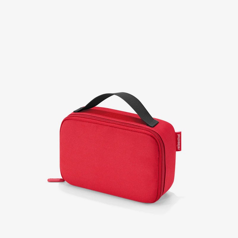 Borsa termica rossa da 1.5 litri con chiusura zip, manico e tasca interna, ideale per mantenere la temperatura di cibo, farmaci e cosmetici