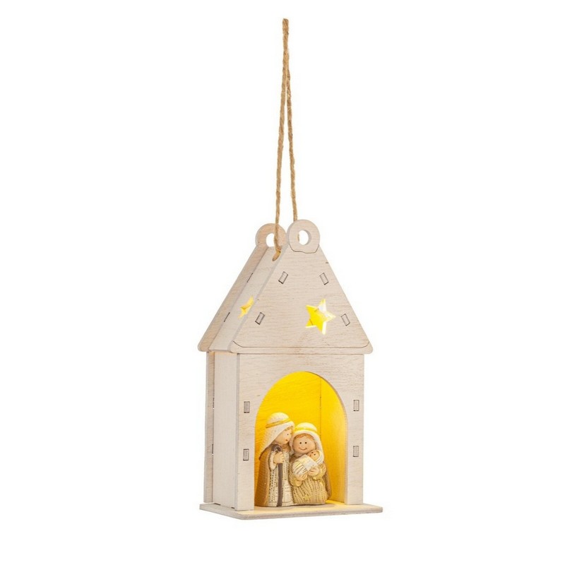 Natività in casetta di legno con luce da appendere