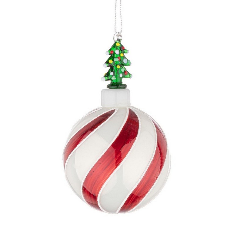 Pallina di Natale bianca e rossa con albero di Natale in vetro sulla sommità, ideale per arricchire i tuoi addobbi per albero di Natale