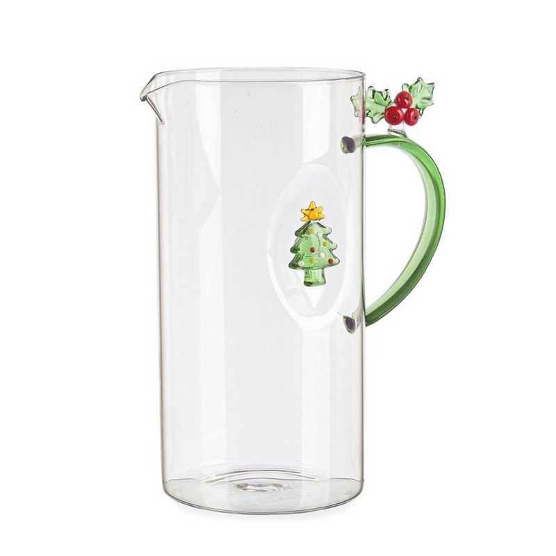 Caraffa di Natale in vetro decorata con albero e agrifoglio, una perfetta idea regalo di Natale