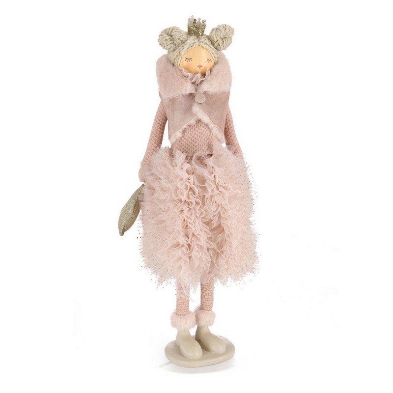 Bimba decorativa da appoggio con vestito rosa in tessuto, ideale come decoro da appoggio natalizio
