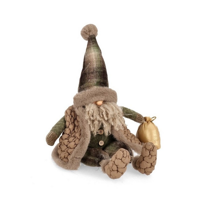 Babbo Natale decorativo da appoggio con cappello e vestiti verdi, gilet in piumino beige e sacco, perfetto come idea regalo di Natale e per arricchire la tua collezione di Babbi Natale!