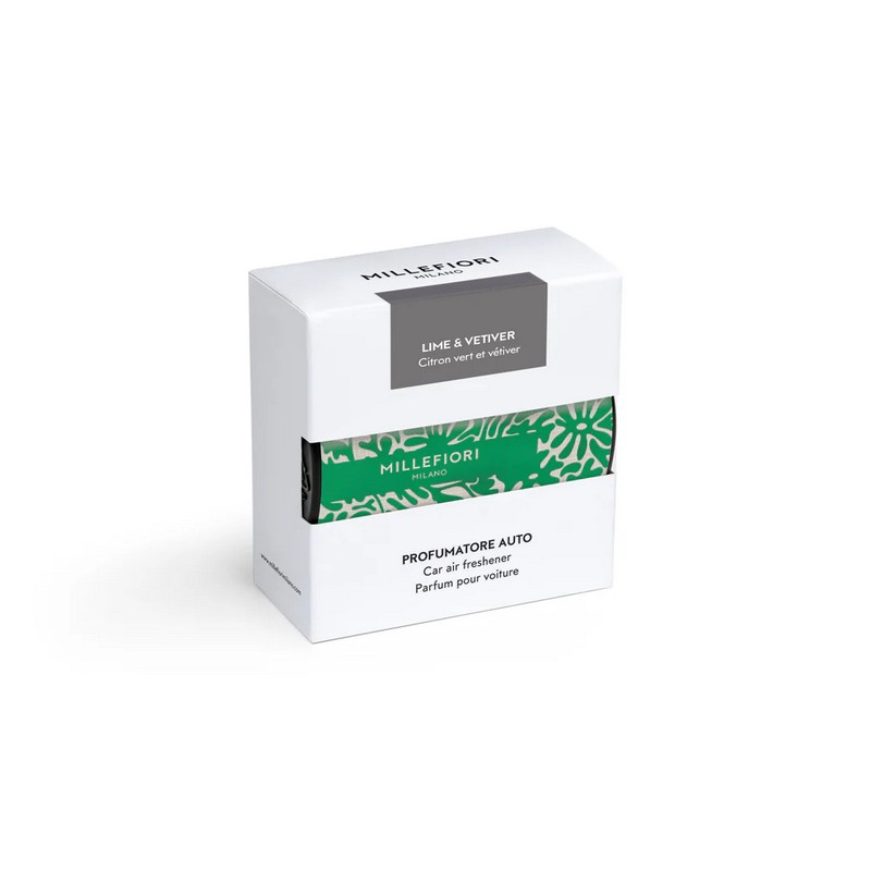 Profumatore per auto Millefiori Icon Textile con essenza Lime & vetiver e scocca in tessuto con motivo verde e bianco