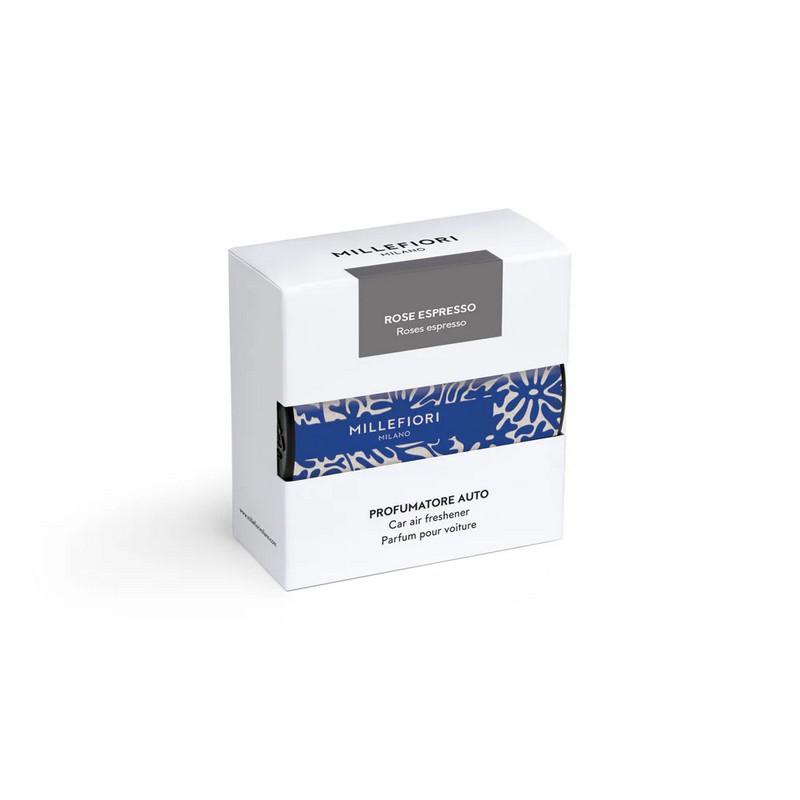 Profumatore per auto Millefiori Icon Textile con essenza Rose espresso e scocca in tessuto con motivo blu e bianco