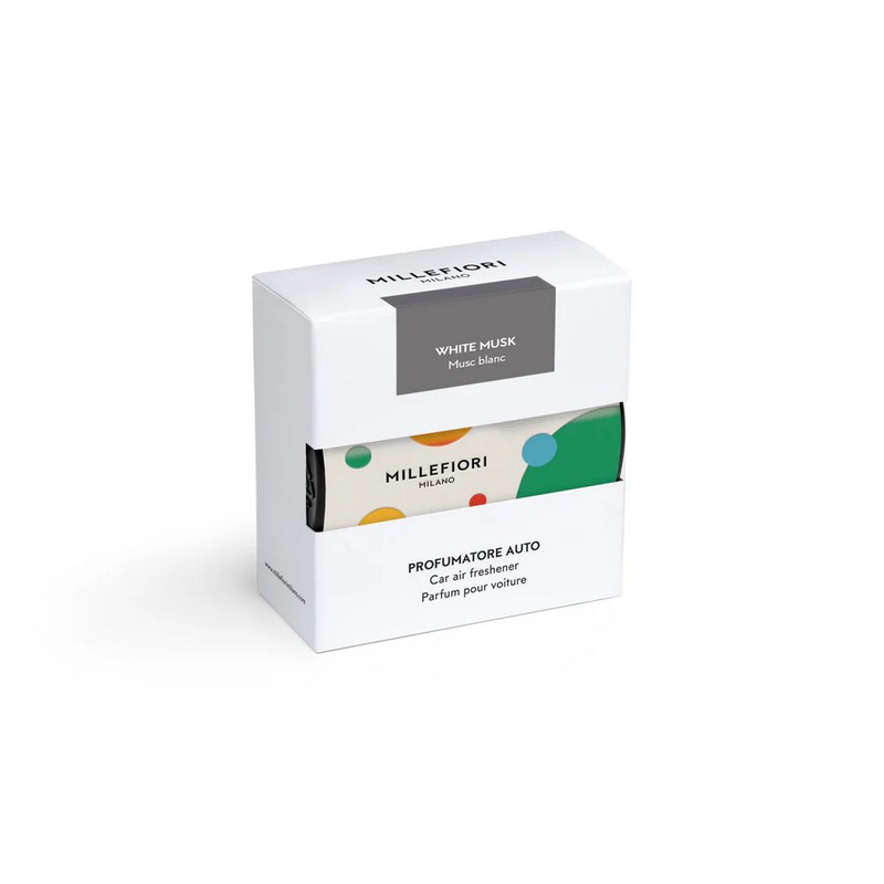 Profumatore per auto Millefiori Icon Textile con essenza White musk e scocca in tessuto con motivo a sfere colorate