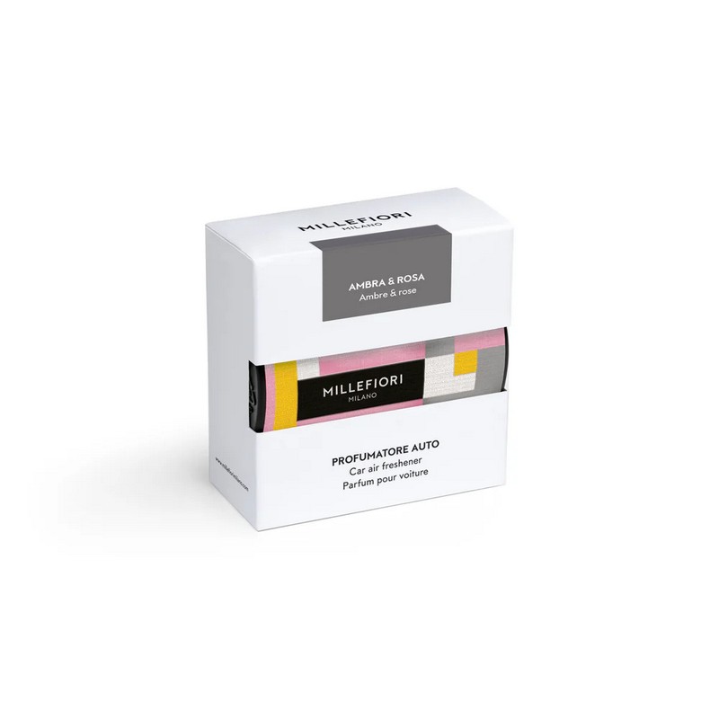 Profumatore per auto Millefiori Icon Textile con essenza Ambra e rosa e scocca in tessuto con motivo rosa, giallo, bianco e grigio