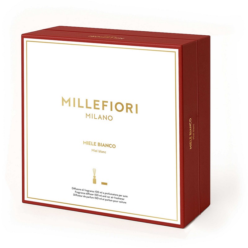 Set diffusori di Natale Millefiori contenente un diffusore ambiente da 100 ml e un profumatore auto con essenza “Miele bianco”