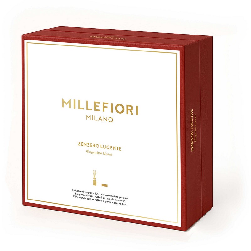 Set diffusori di Natale Millefiori contenente un diffusore ambiente da 100 ml e un profumatore auto con essenza “Zenzero lucente”