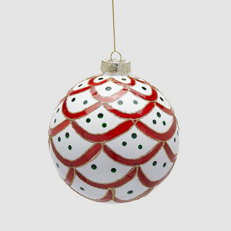 Pallina di Natale bianca a balze rosse con pois verdi in vetro, ideale per arricchire i tuoi addobbi per albero di Natale