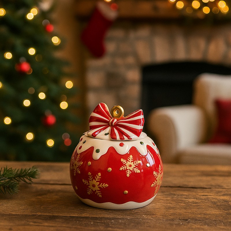 Contenitore con coperchio con fiocco a forma di pallina di Natale rossa in ceramica