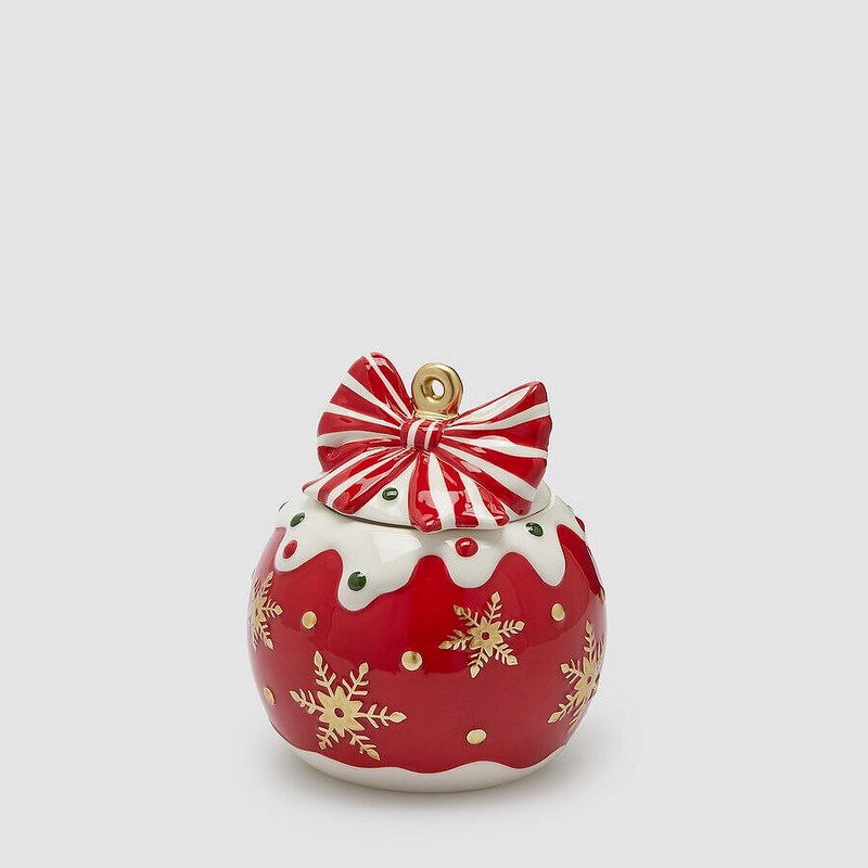 Contenitore con coperchio con fiocco a forma di pallina di Natale rossa in ceramica