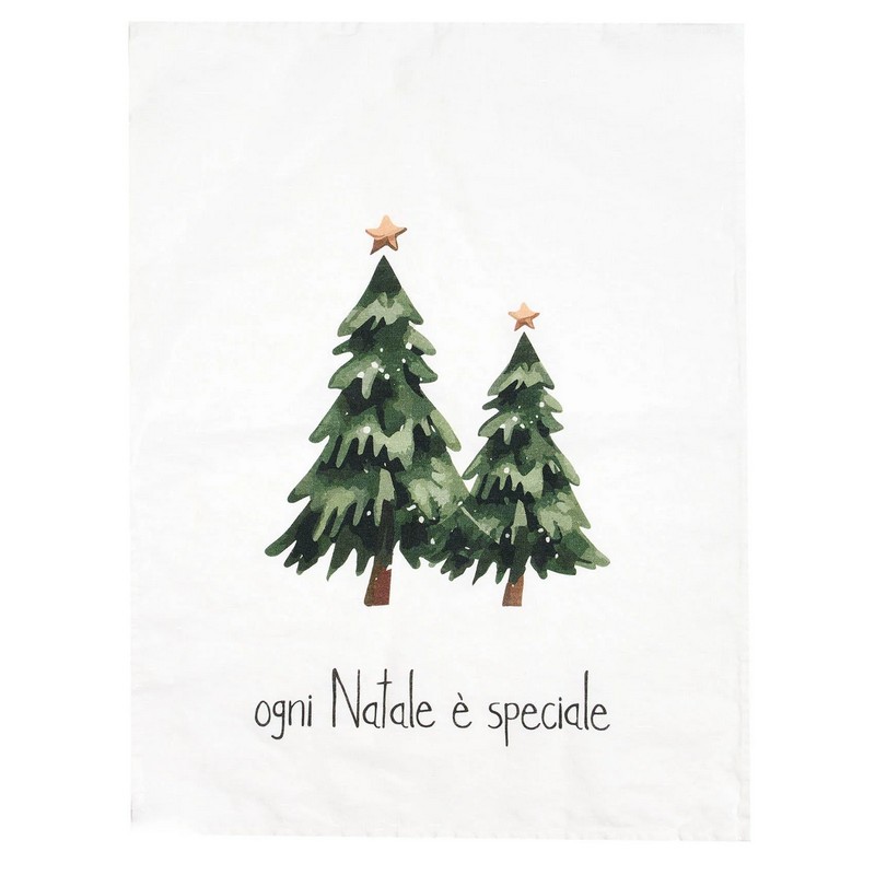 Strofinaccio asciugapiatti 100% lino decorato con alberi di Natale e scritta “Ogni Natale è speciale”, una perfetta idea regalo di Natale