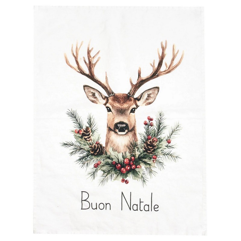 Strofinaccio asciugapiatti 100% lino decorato con cervo e scritta “Buon Natale”