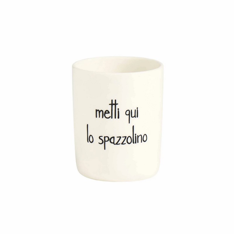 Portaspazzolini in gres bianco decorato con scritta “Metti qui lo spazzolino”