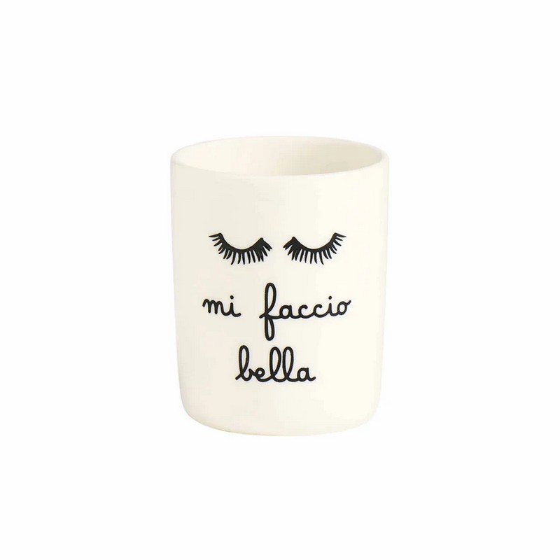 Porta cosmetici in gres bianco con coperchio, decorato con occhi e scritta “Mi faccio bella”