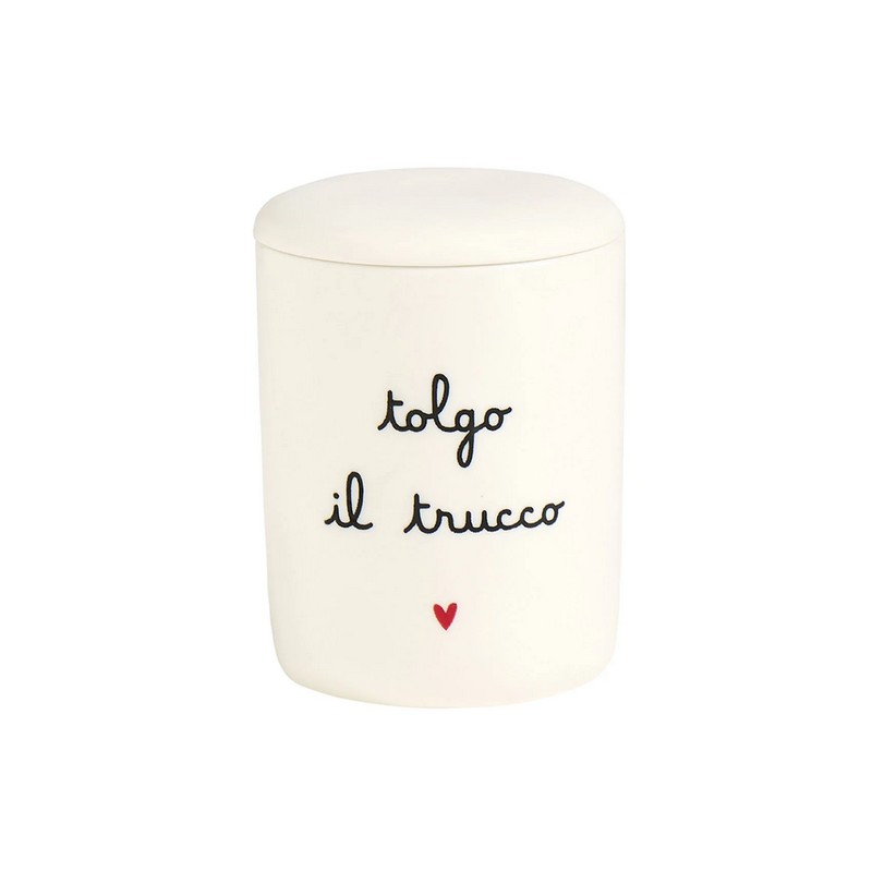 Portacotone in gres bianco con coperchio, decorato con cuore e scritta “Tolgo il trucco”