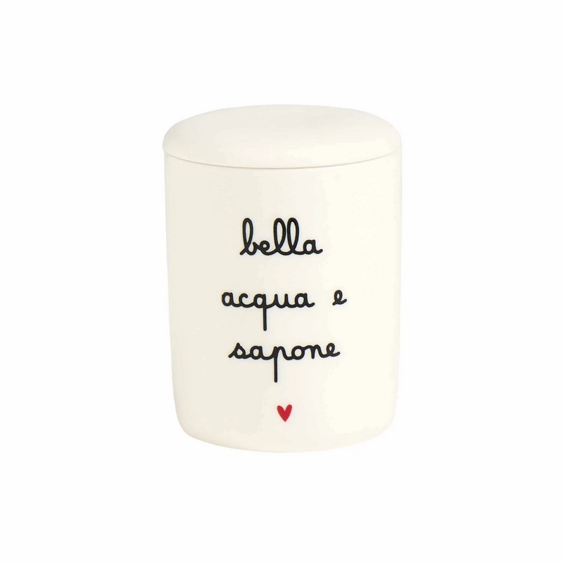Portacotone in gres bianco con coperchio, decorato con cuore e scritta “Bella acqua e sapone”