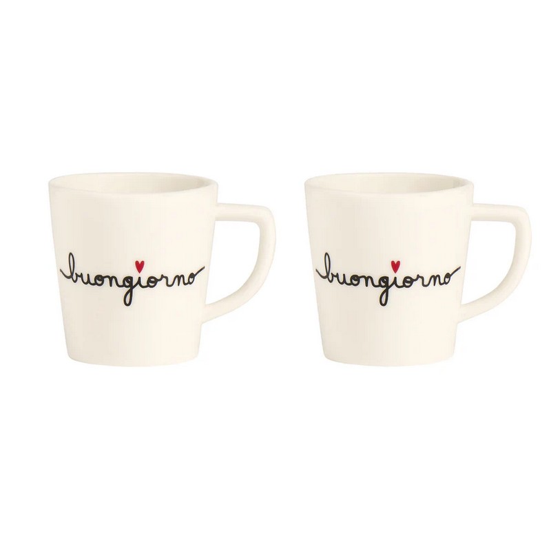 Set 2 tazzine da espresso in gres con decoro “Buongiorno” e cuore rosso