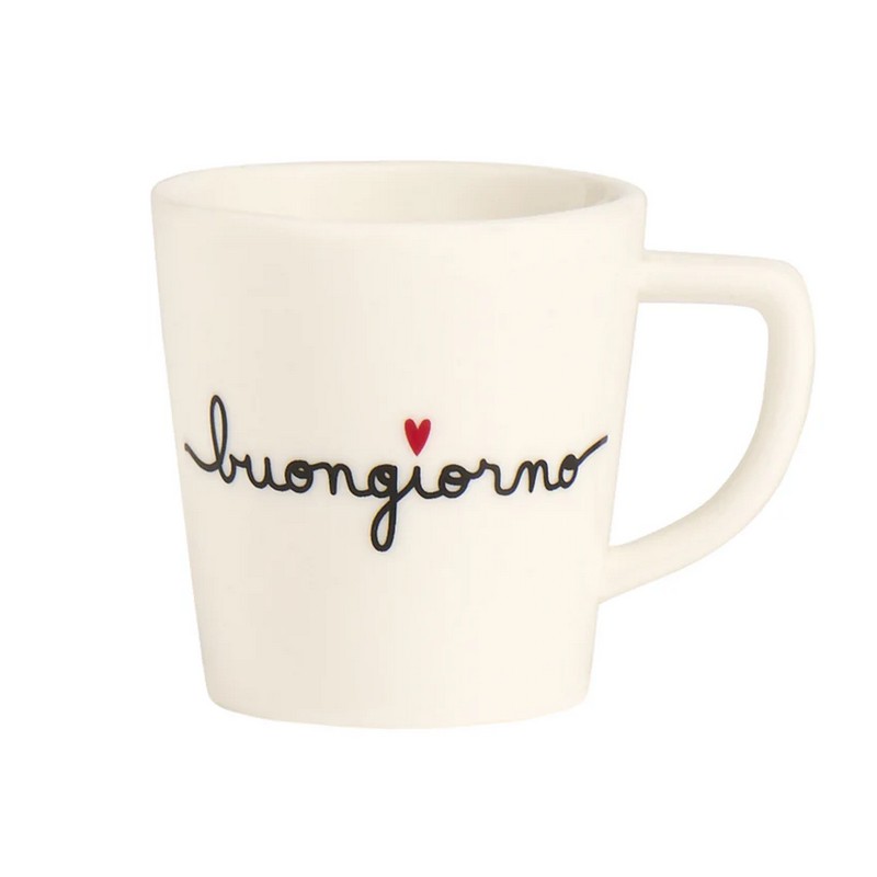 Set 2 tazzine da espresso in gres con decoro “Buongiorno” e cuore rosso