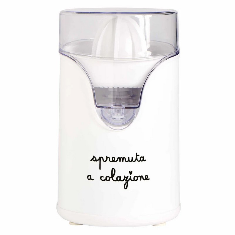 Spremiagrumi elettrico bianco decorato con scritta “Spremuta a colazione”