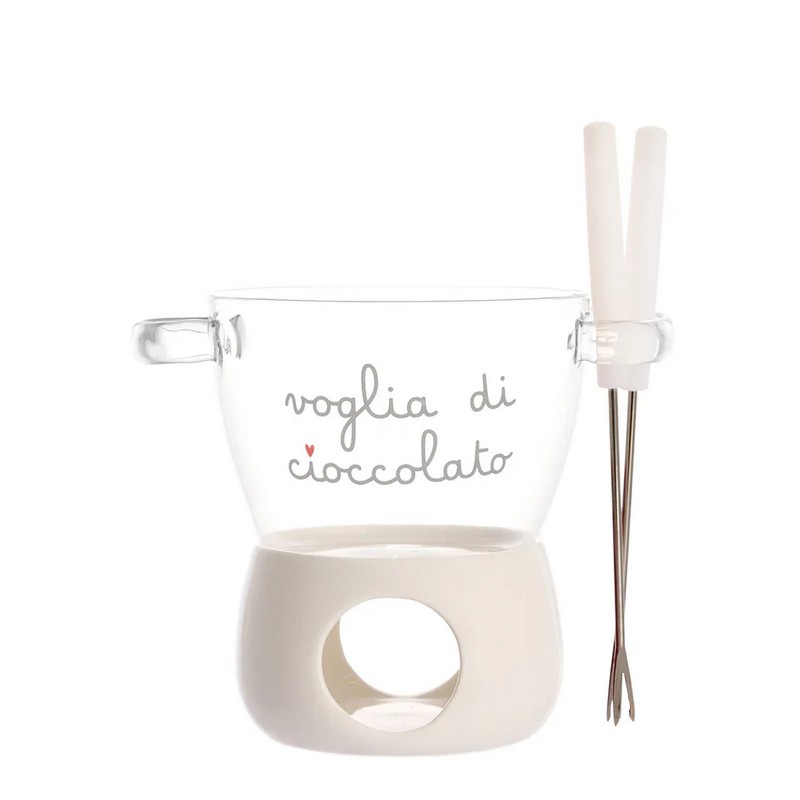 Set per fonduta in gres e vetro borosilicato decorato con scritta “Voglia di cioccolato”, include due forchettine