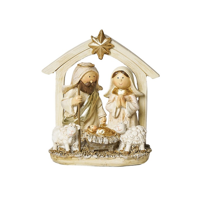 Natività con capanna e pecore da appoggio in poliresina
