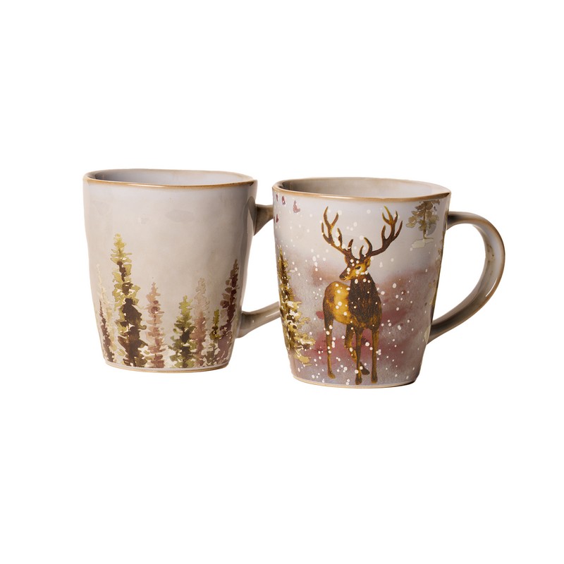 Tazza mug in ceramica decorata con bosco innevato e cervo