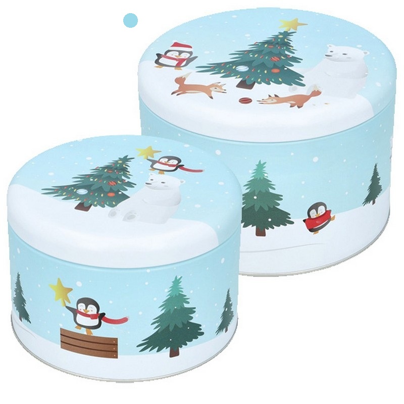 Scatola in latta cilindrica decorata con paesaggio natalizio innevato con pinguino, volpi e orso, adatta al contatto con gli alimenti