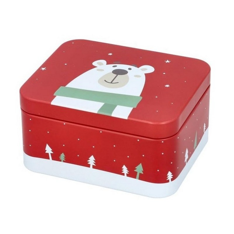 Scatola in latta rettangolare rossa da cucina decorata con orso polare con sciarpa, adatta al contatto con gli alimenti