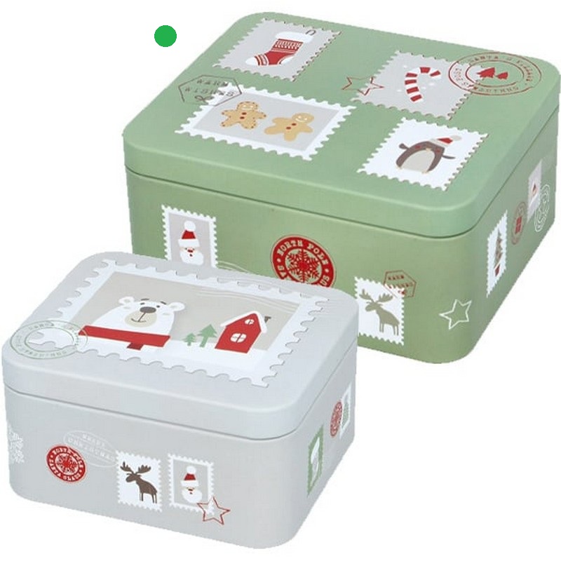 Scatola in latta rettangolare verde da cucina decorata con francobolli natalizi, adatta al contatto con gli alimenti