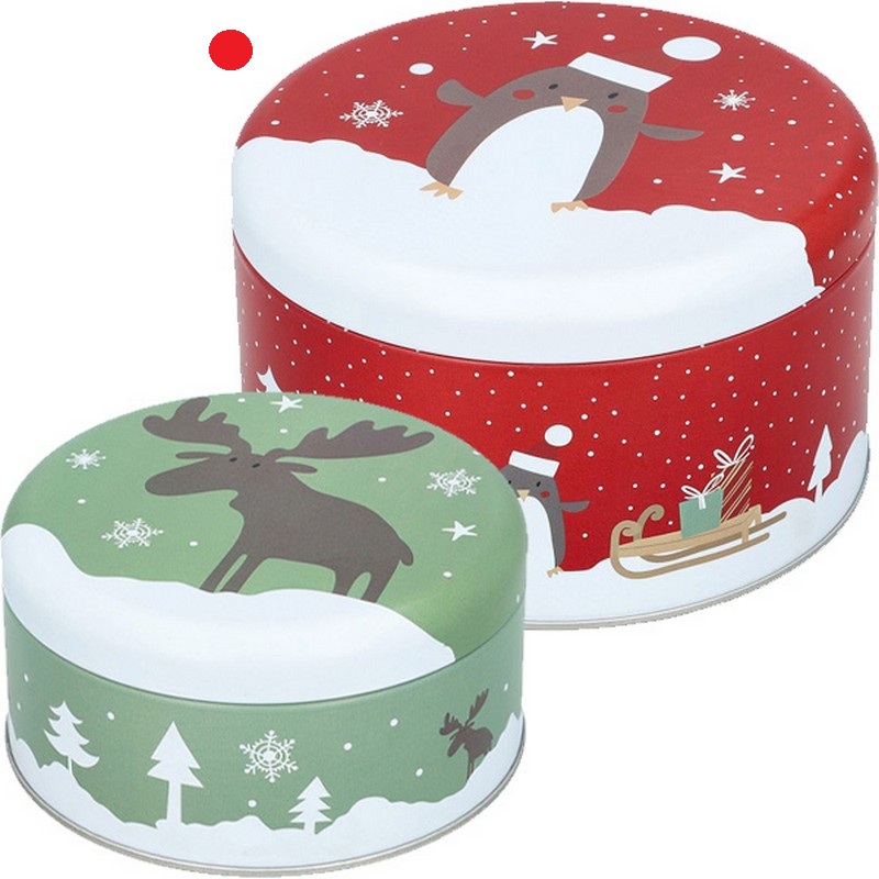 Scatola in latta tonda natalizia rossa da cucina decorata con pinguino in paesaggio innevato, adatta al contatto con gli alimenti